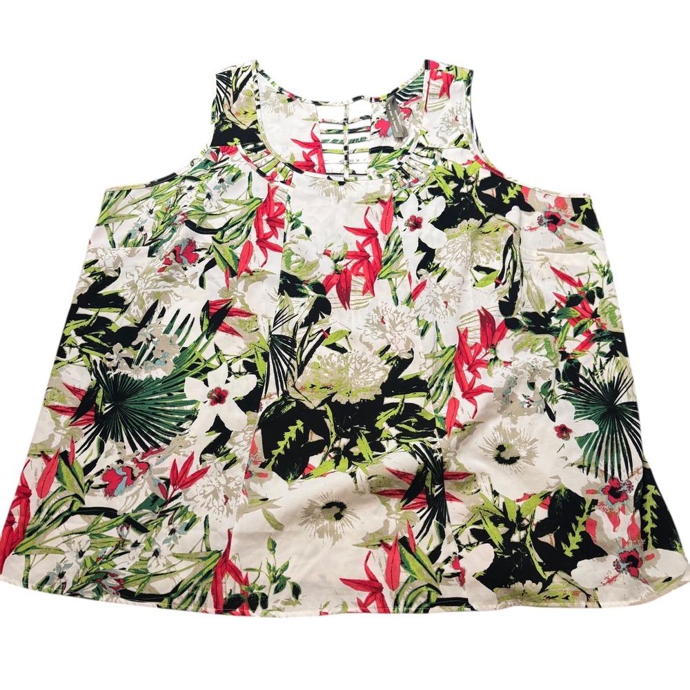 Le Bonheur QVC Plus Size 4X Floral Print Sleeveless Top Lattice Neck Detail